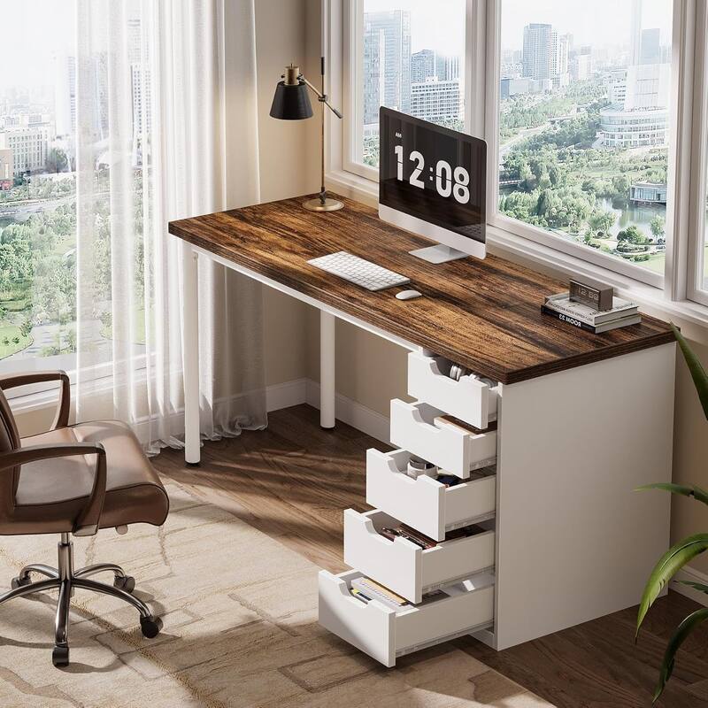PC/Computer Desk with 5 Reversible Drawers, Home Office Desk with Storage, Laptop Desk Study Writing Table Workstation