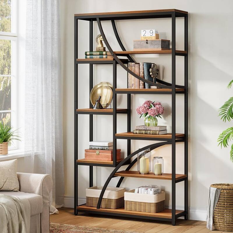 9-Tier Tall Industrial Etagere Bookshelf Bookcase, 70.87'' Wood & Metal Freestanding Display Shelf - Brown & Black