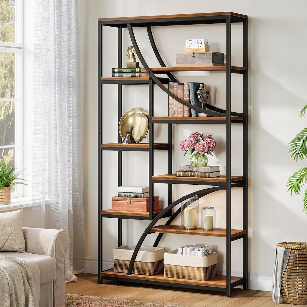 9-Tier Tall Industrial Etagere Bookshelf Bookcase, 70.87'' Wood & Metal Freestanding Display Shelf