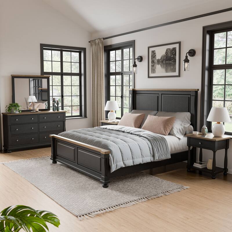 Furniture of America Lucan I 5-Piece Farmhouse Black Solid Wood Panel Bedroom Set - Queen