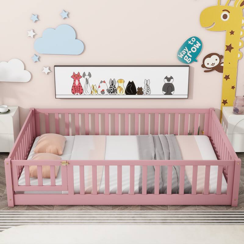 Full size Floor Platform Bed with Fence and Door