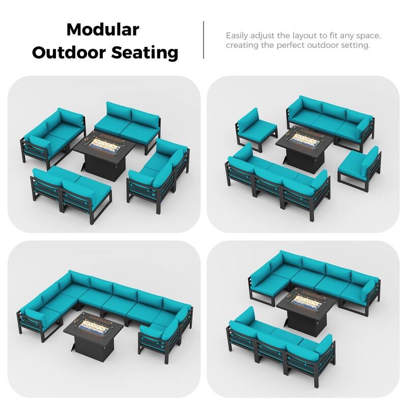 9-Piece Aluminum Outdoor Furniture Set With Fire Pit Table Propane/Natural Gas 60,000 BTU, Extra Large Aluminum Patio Sectional