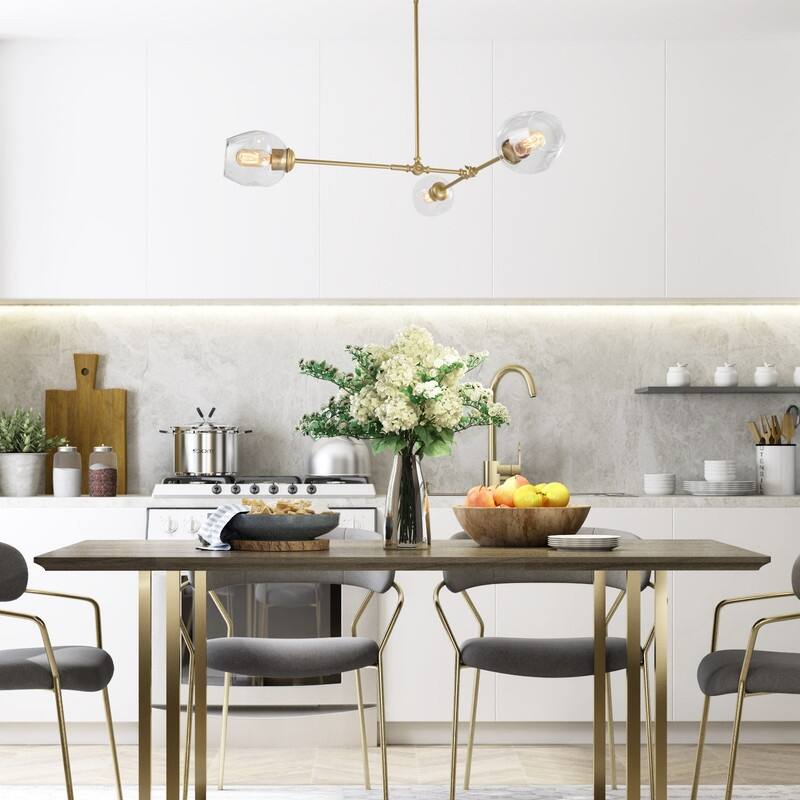 Mid-Century Modern 3-Light Gold Chandelier Hanging Ceiling Pendant Lights for Dining Room - 31.5"W x 29.5"H