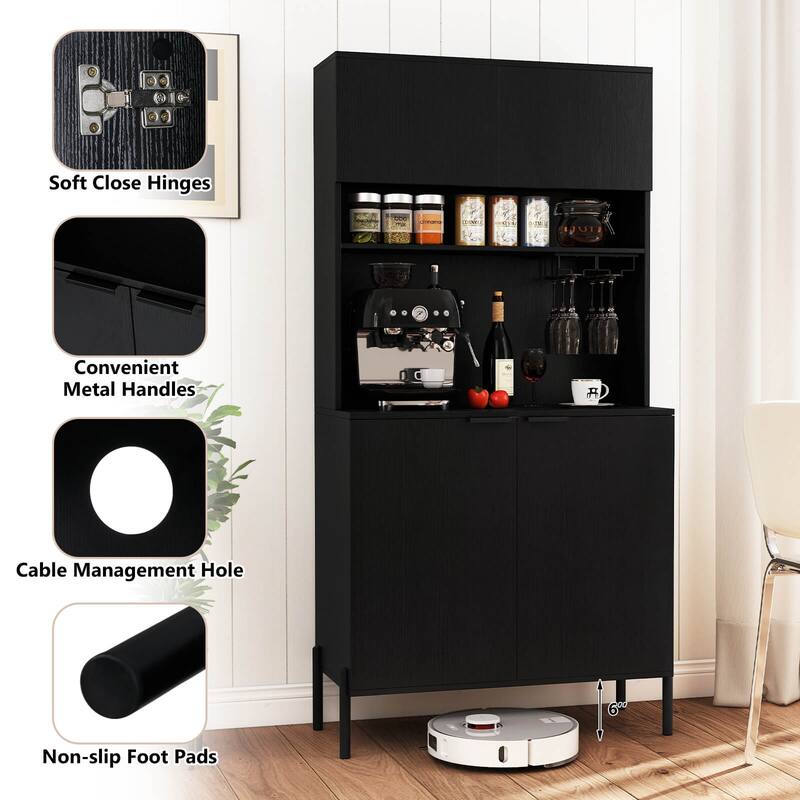Costway 64.5” Kitchen Pantry Cabinet with Charging Station Wine Glass - See Details