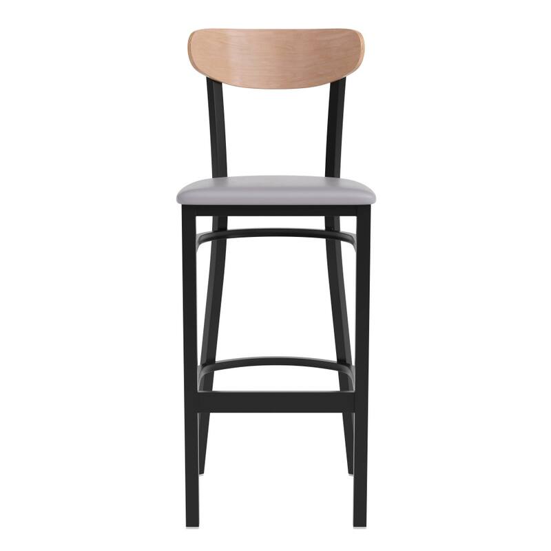 Commercial Metal Barstool with Wood Seat and Boomerang Back