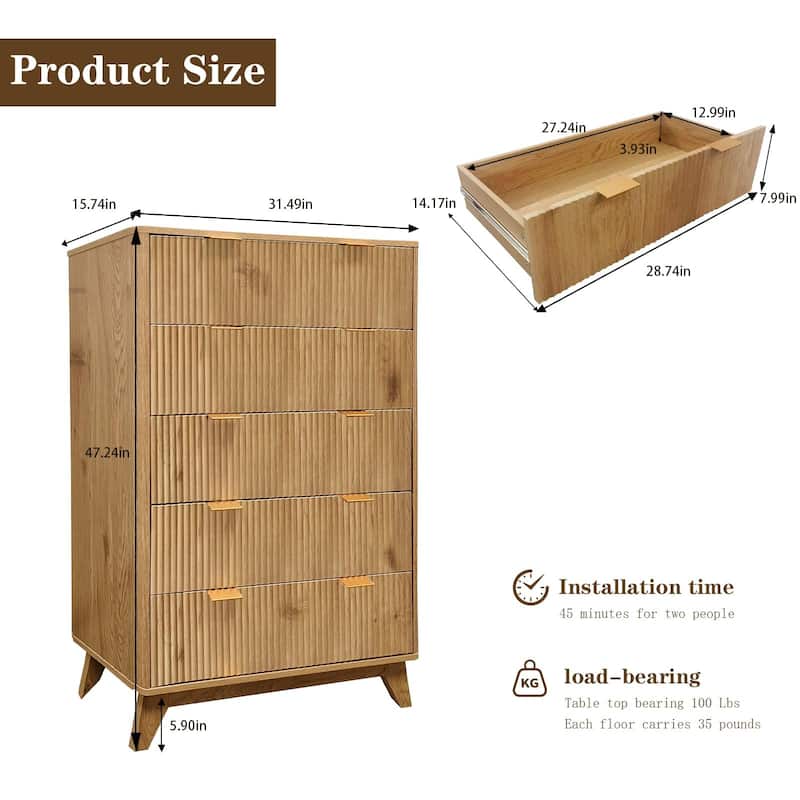 5 Drawer Fluted Dresser, 48" Tall Modern Wood Storage Chest