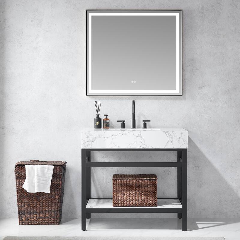 Ecija Bath Vanity, Metal Support with Composite Stone Top and Mirror