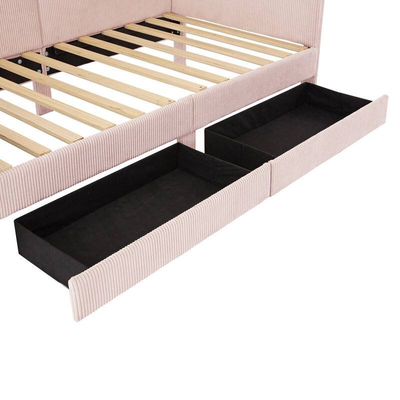 Twin Size Upholstered Daybed with L-Shaped Headboard and 2 Storage Drawers, Corduroy Daybed Frame Sofa Bed with Slats Support