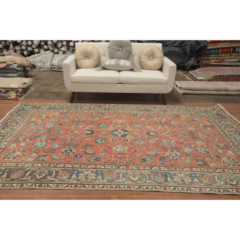 Hand Knotted Oriental 100% Wool Carpet Traditional Floral Oranges & Rust Tabriz Area Rug - 9' 9'' X 6' 4''