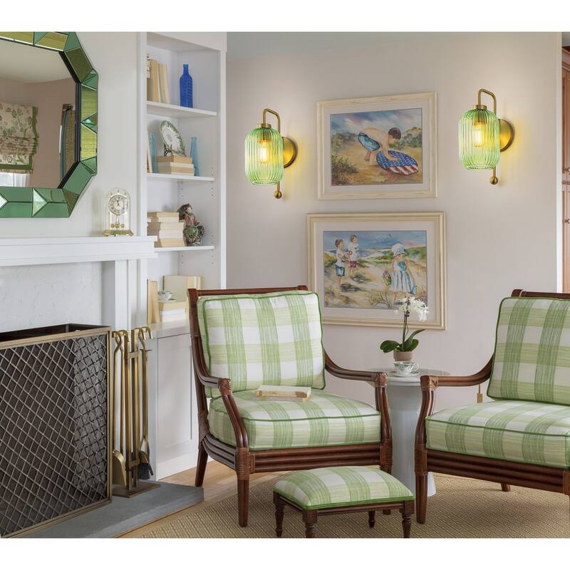 1-Light Green Striped Lantern Glass Wall Sconce - 5.5" W × 8.3" D × 13" H