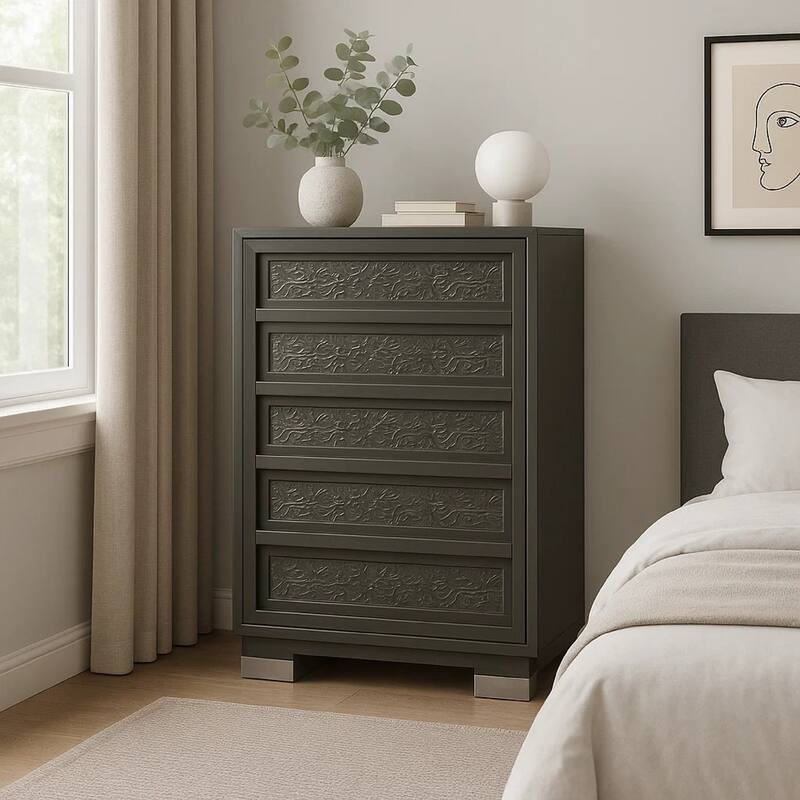 Levi 5 Drawer Tall Dresser Chest, Dark Gray Solid Wood, Bedroom Storage