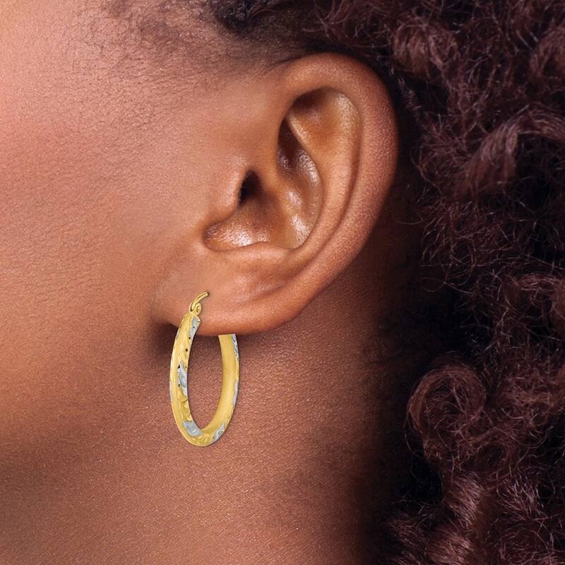 Curata 14k and Rhodium Sparkle Cut And Satin Classic Hoop Earrings 26x3mm