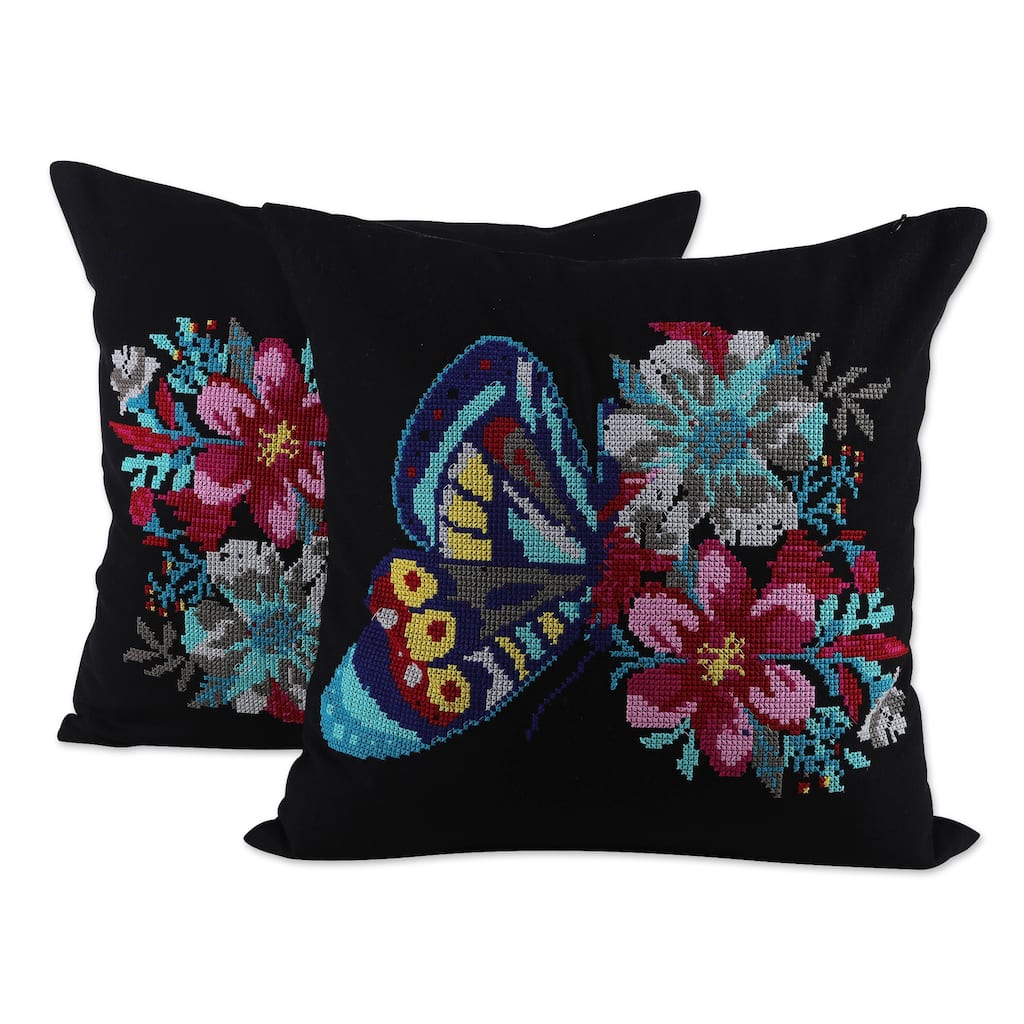 Novica Handmade Butterfly Universe In Black Embroidered Cotton Cushion Covers (Pair)