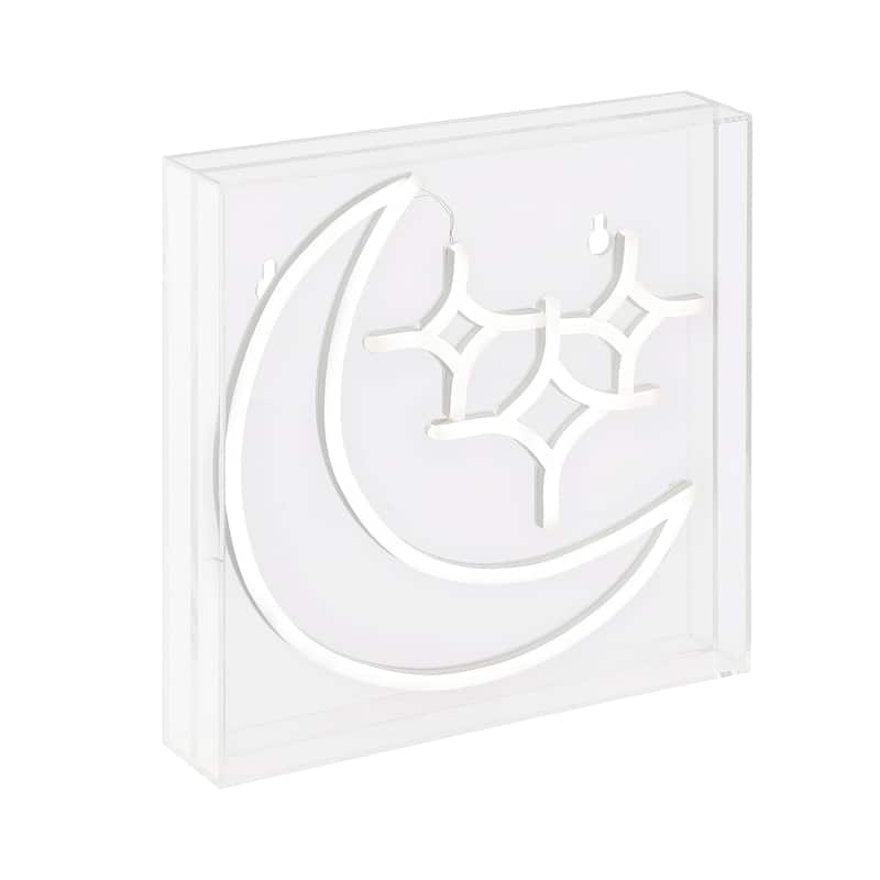 Starry Crescent 10" Square Contemporary Glam Acrylic Box USB Operated LED Neon Light, White by JONATHAN Y - 10" - White
