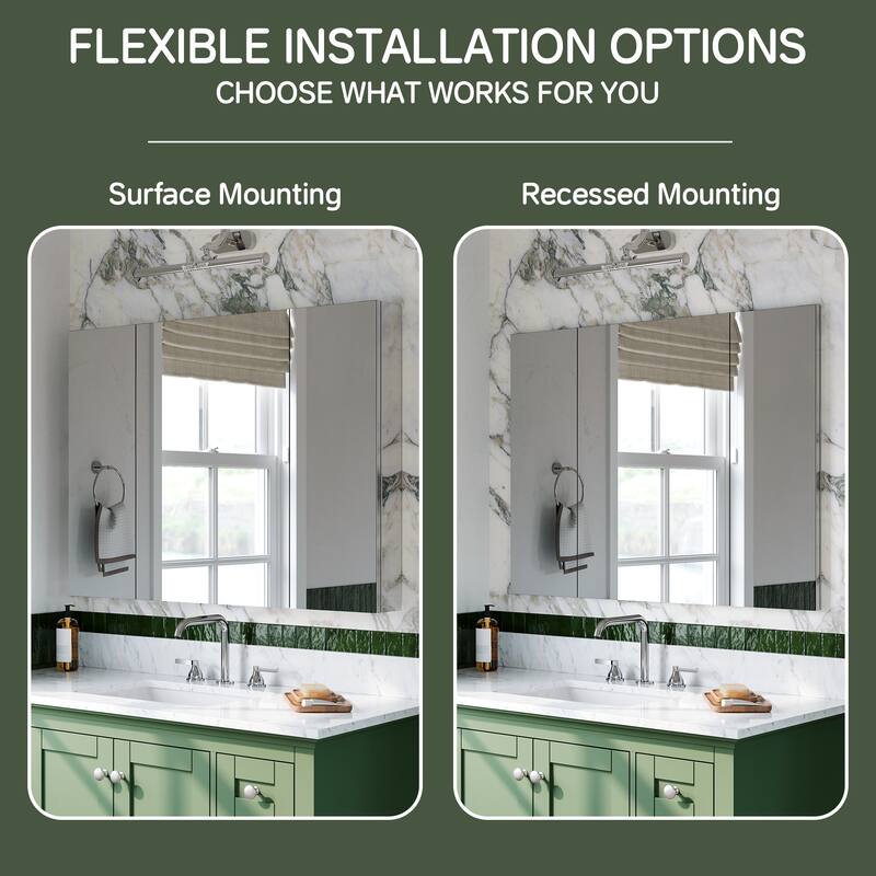 40x30 in Tri-View Mirrored Medicine Cabinet, 3-Door Triple Swing, Copper-Free, Blum Soft-Close, Recessed/Surface
