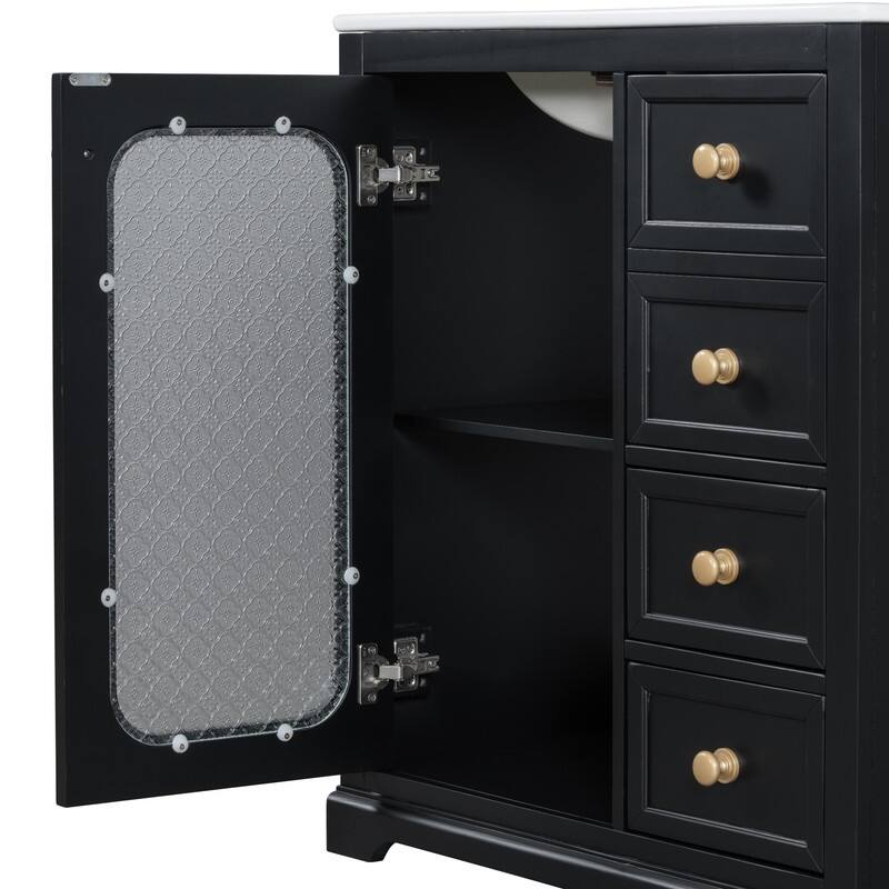 30''/36'' Bathroom Vanity with Sink, 3 Drawers Bathroom Storage Cabinet with Soft-Close Glass Door and Adjustable Shelf