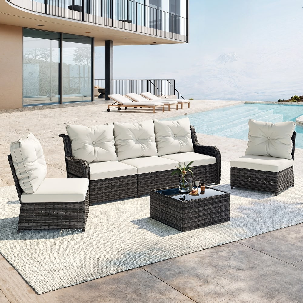 Outdoor Wicker Patio Conversation Furniture Set with Table and Cushion