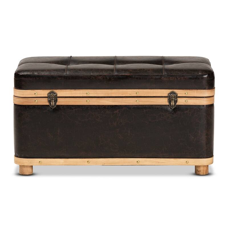 Modern Rustic Transitional Dark Brown Faux Leather Upholstered and Oak Brown Finished Wood Large Storage Ottoman