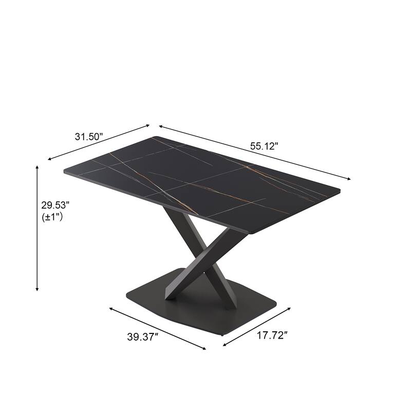 63" Dining Table for 6 with Sintered Stone Tabletop and with X-Shape Carbon Steel Pedestal