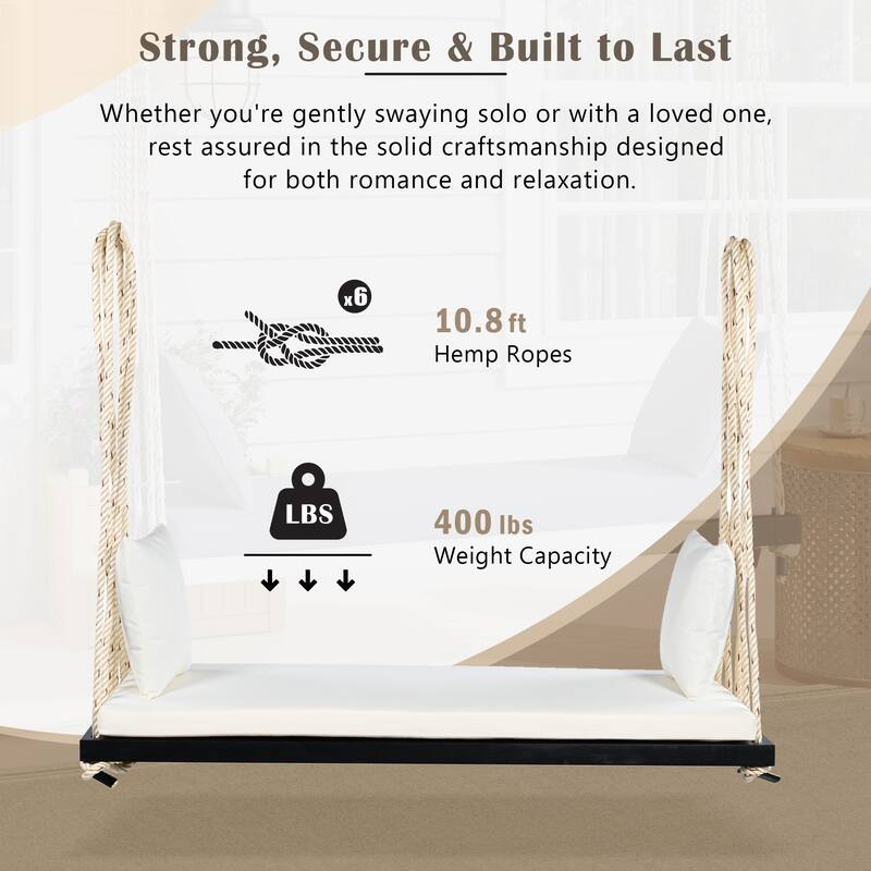 Acacia Wood Swing Chair, Hanging Porch Bench with Cushion & Pillows, 400lb Capacity & 10.8ft Ropes