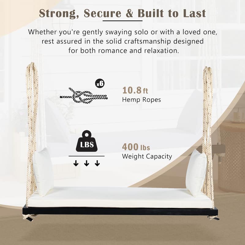 Outdoor Patio Wooden Swing Chair, Hanging Porch Swing Bench w/ Cushion & Pillows for Garden, Backyard, Lawn