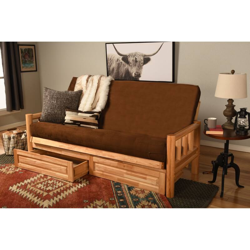 Somette Lodge Storage Futon Set in Natural Finish with Suede Mattress