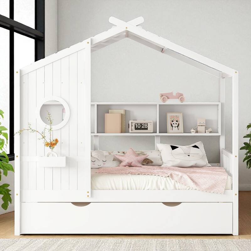 Wooden Twin/Full Size House Bed with Trundle, Storage Shelf & Roof Design - Kids Modern Playhouse Bed Frame - White - Twin