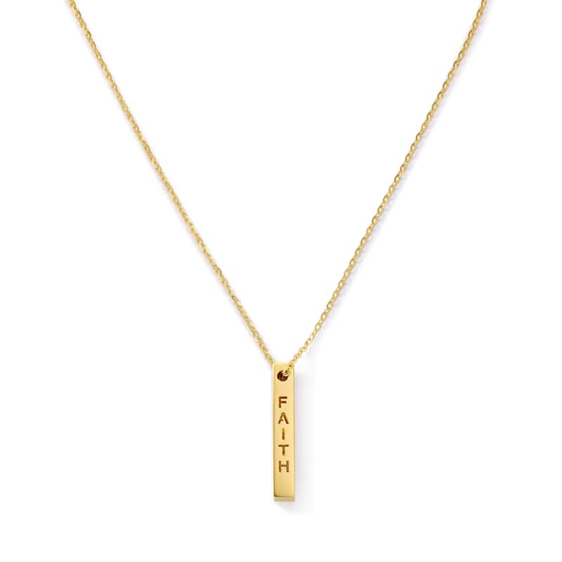Clover 14K Yellow Gold Inspirational Bar Pendant Necklace - Hope Faith Believe Blessed - Adjustable 16-18"