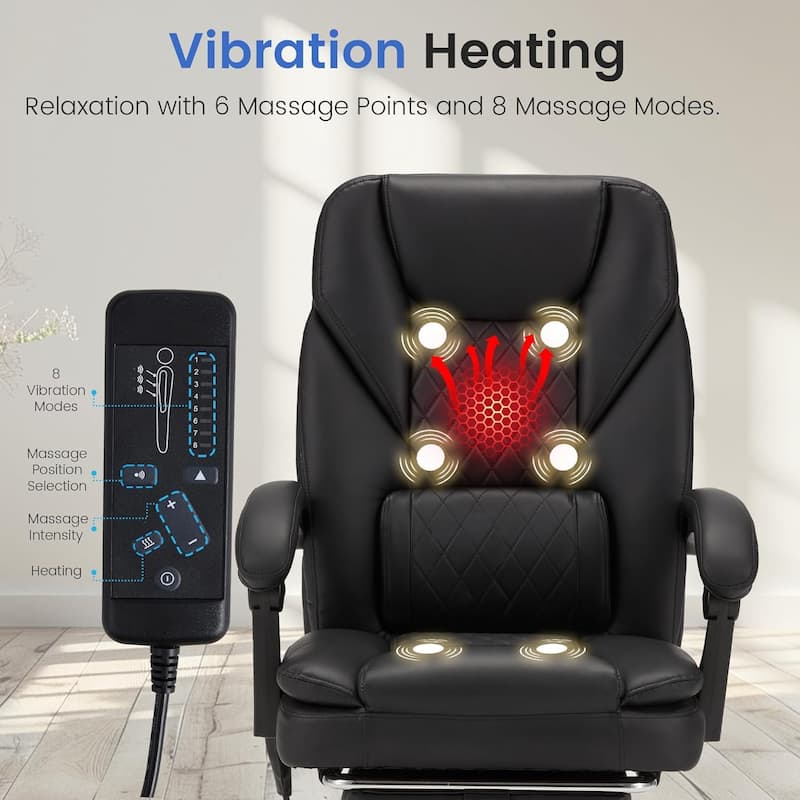 Ergonomic 6-Point Massage Office Chair with Heating, Reclining Function, Retractable Footrest, and Adjustable Armrests