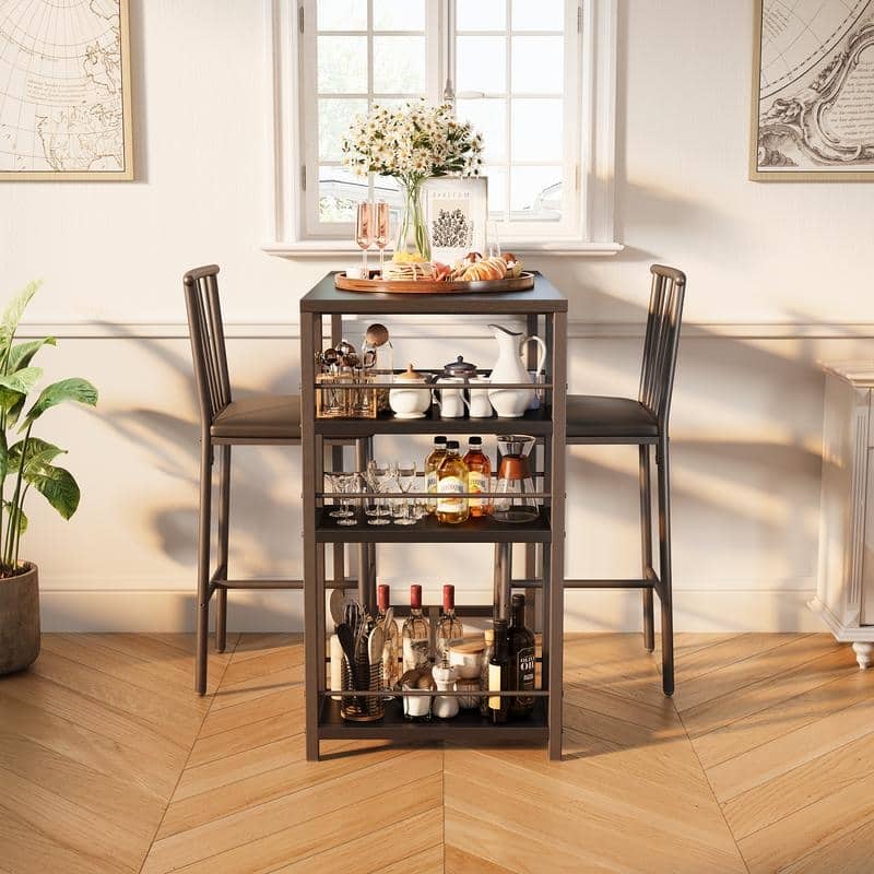 3 Pieces Bar Table Set and Chairs Set for 2 with 3 Storage Shelves