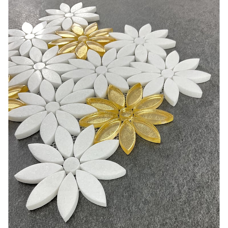Thassos White Marble And Gold Glass Daisy Wall Mosaic Tiles - Case (10 Sheets)