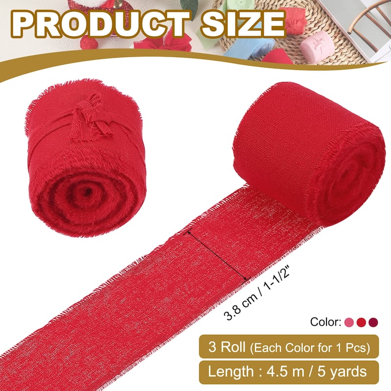 1-1/2"x15 Yd Handmade Fringe Cotton Ribbon Frayed Ribbons 3 Roll - 5Yd - Vermilion Red/Red/Berry Red