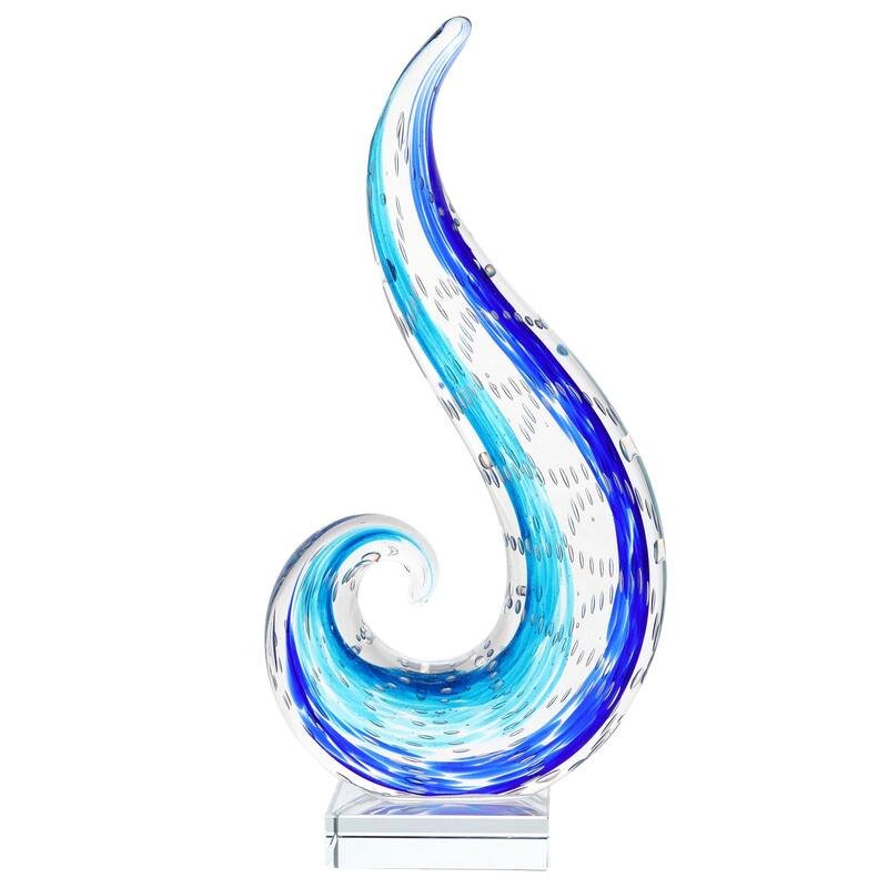 Luxury Lane Hand Blown Ocean Wave Art Glass Sculpture - Blue - 12