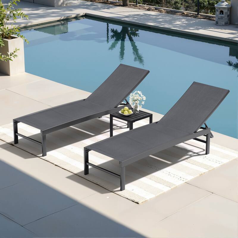 Outdoor Chaise Lounge Reclining Adjustable Chairs with Side Table Set - Dark Grey - 3-Piece Set