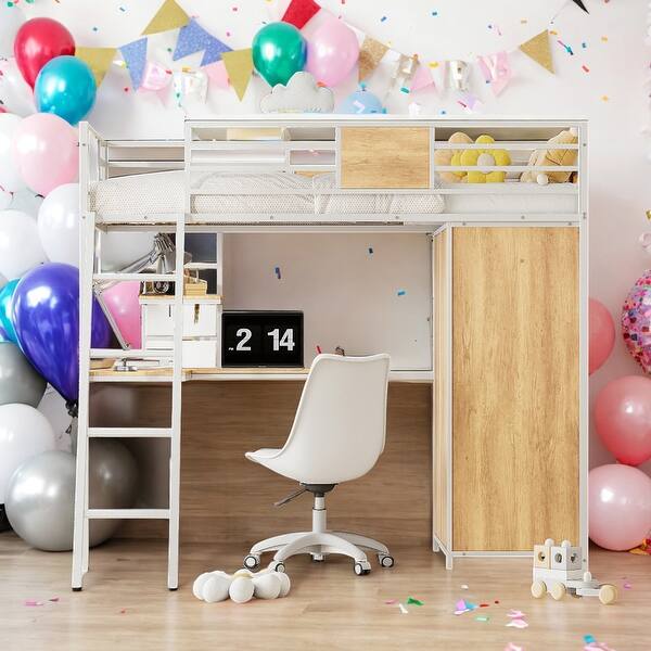 slide 2 of 19, Modern Metal Twin Size Loft Bed with L-shape Desk and Wardrobe,Kids Bed Design White