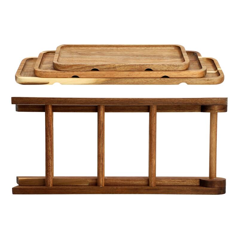 3 Tiered Acacia Wood Rectangular Stacked Tray Set Perfect For Serving