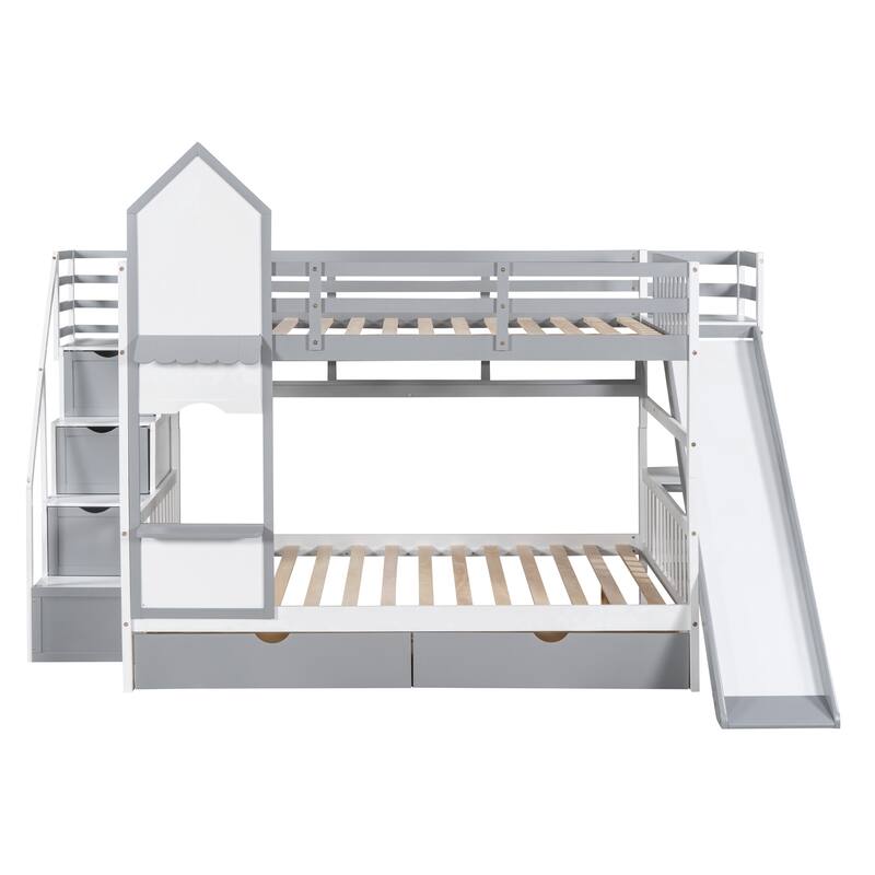 Bunk Bed with 2 Drawers 3 Shelves and Slide