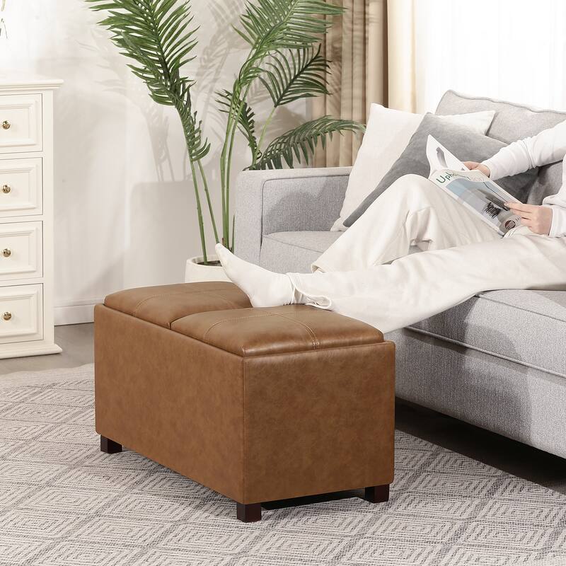 Adeco Rectangle Faux Leather Storage Ottoman with Dual Flip-Top Trays - 31.1"X15.4"X15.7