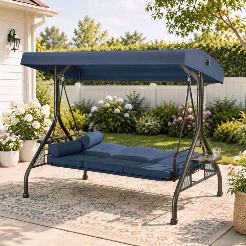 3 Seat Convertible Porch Swing Bed With Stand and Canopy