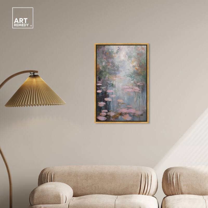 Art Remedy Pink Impressionisty Lilypads Framed Impressionism 1 Piece Canvas Wall Art /Monet And Van Gogh Inspired Art