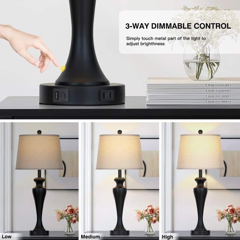 30" Modern Table Lamps with USB-C Charging, 3-Way Touch Dimmer, Black Metal Base(Set of 2) - 13'' x 13'' x 30''