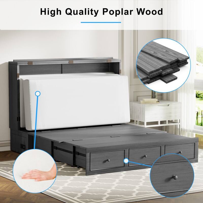 Mixoy Murphy Bed with Foldable Mattress,Modern Cube Cabinet Bed with Storage Drawer & USB Charging Station
