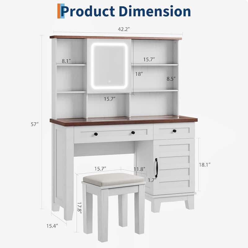 Farmhouse Makeup Vanity Desk with Stool, Mirror and Lights & Power Outlet