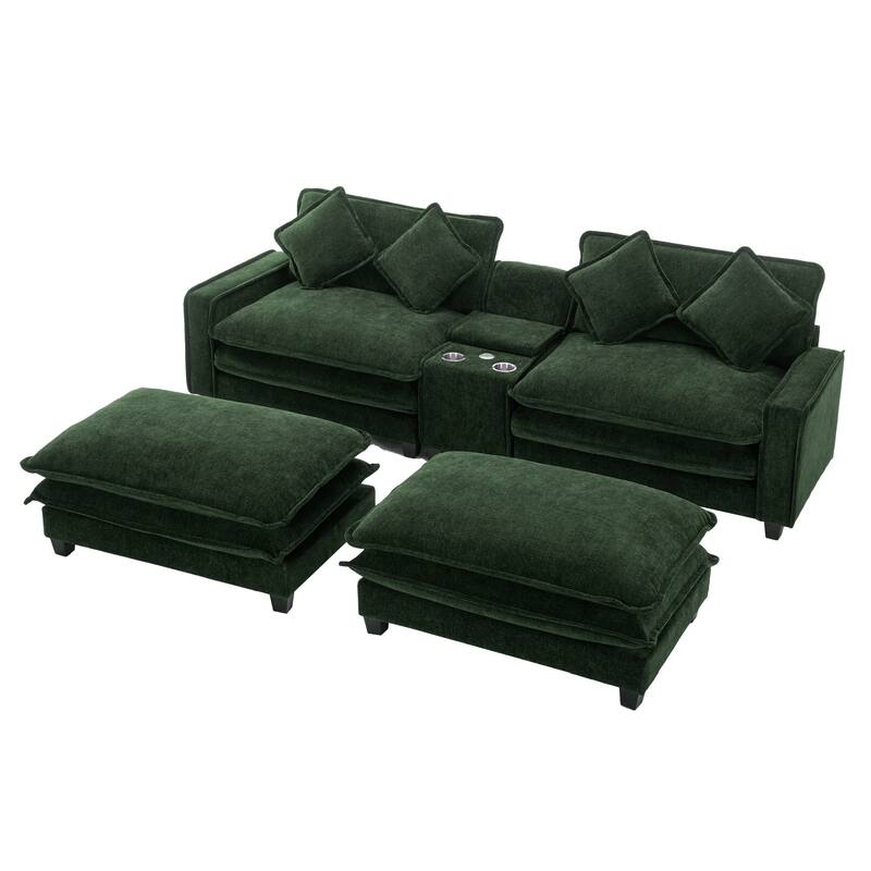 111" Chenille Sectional Sofa Set with USB Ports & Cup Holders, Oversized Chaise Lounge Modular Loveseat with 2 Ottomans