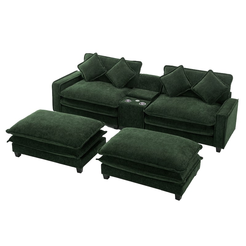 Roomfitters Chenille Sectional Sofa with 2 Ottomans, USB Ports, Cup Holders and Storage Box for Living Room