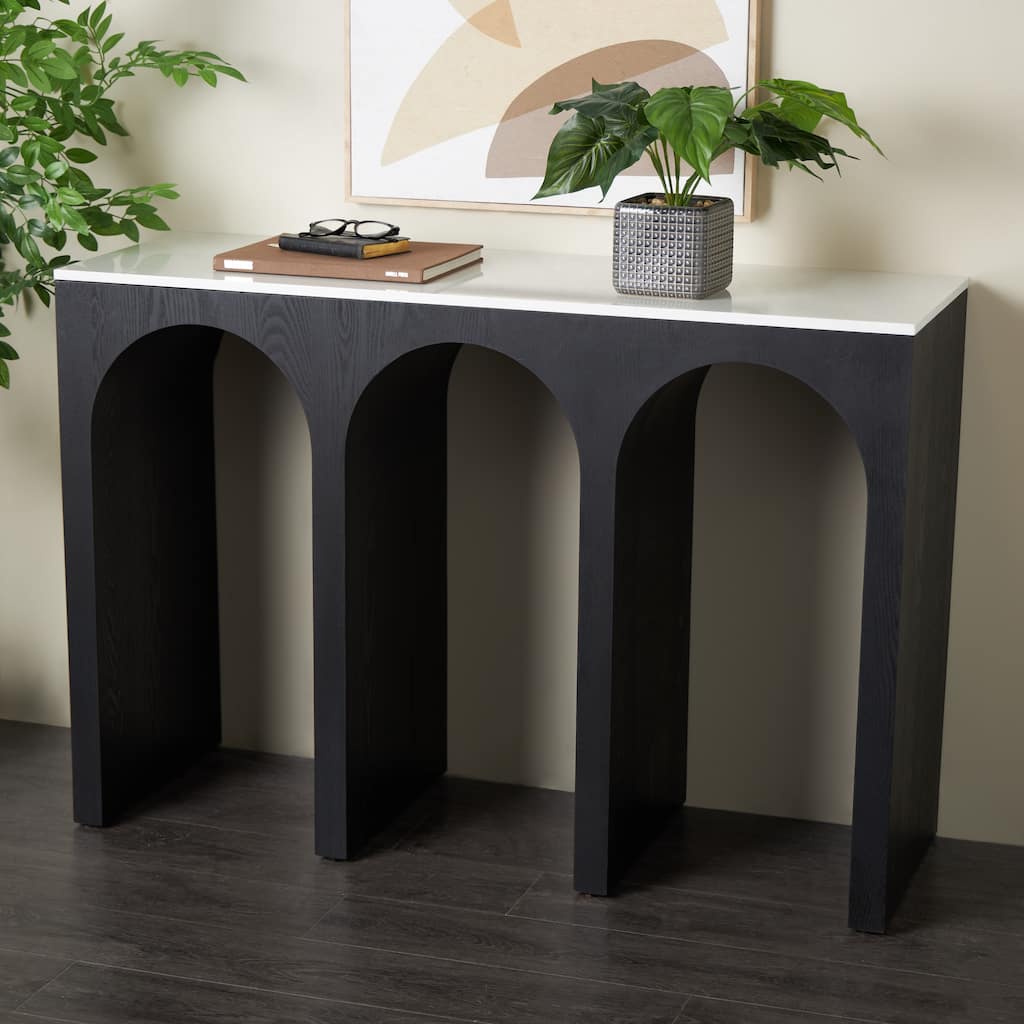 Black Wood Art Deco Arched Cutout Living Room Console Table with White Marble Tabletop