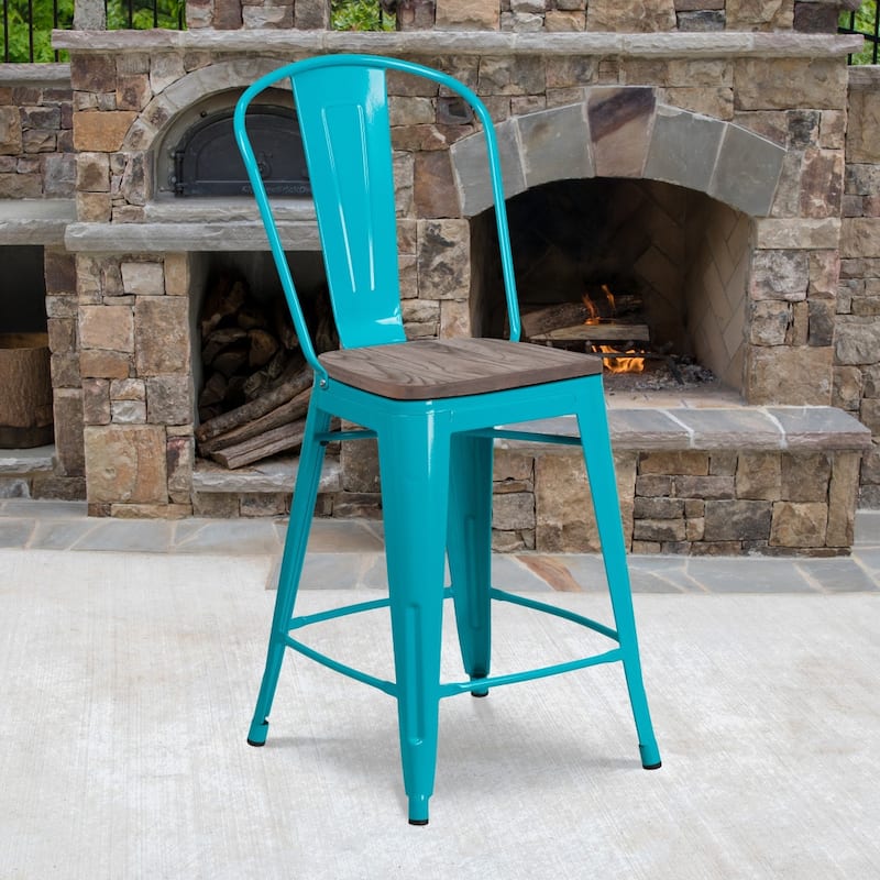 24" High Metal Counter Height Stool with Back and Wood Seat - 17.75"W x 22"D x 40.25"H - 17.75"W x 22"D x 40.25"H - Crystal Teal-Blue