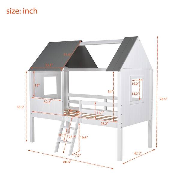 Twin Size Normal Gray and Normal White Low Loft Wood House Bed with Two ...