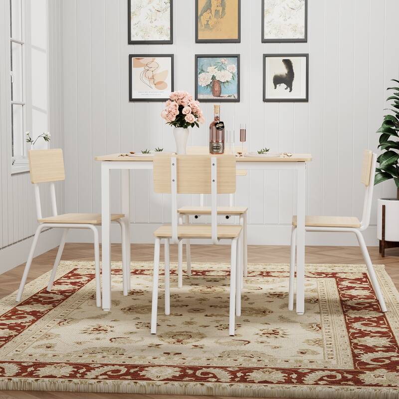 Kitchen Dining Table Set Metal Frame Breakfast Table with 4 Dining Chairs Modern Casual Dining Table Set 5-Piece Dining Set