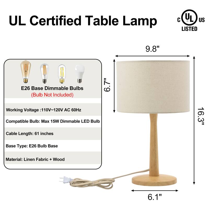 16.3 in. Modern Natural Wood Table Lamp with Linen Fabric Shade
